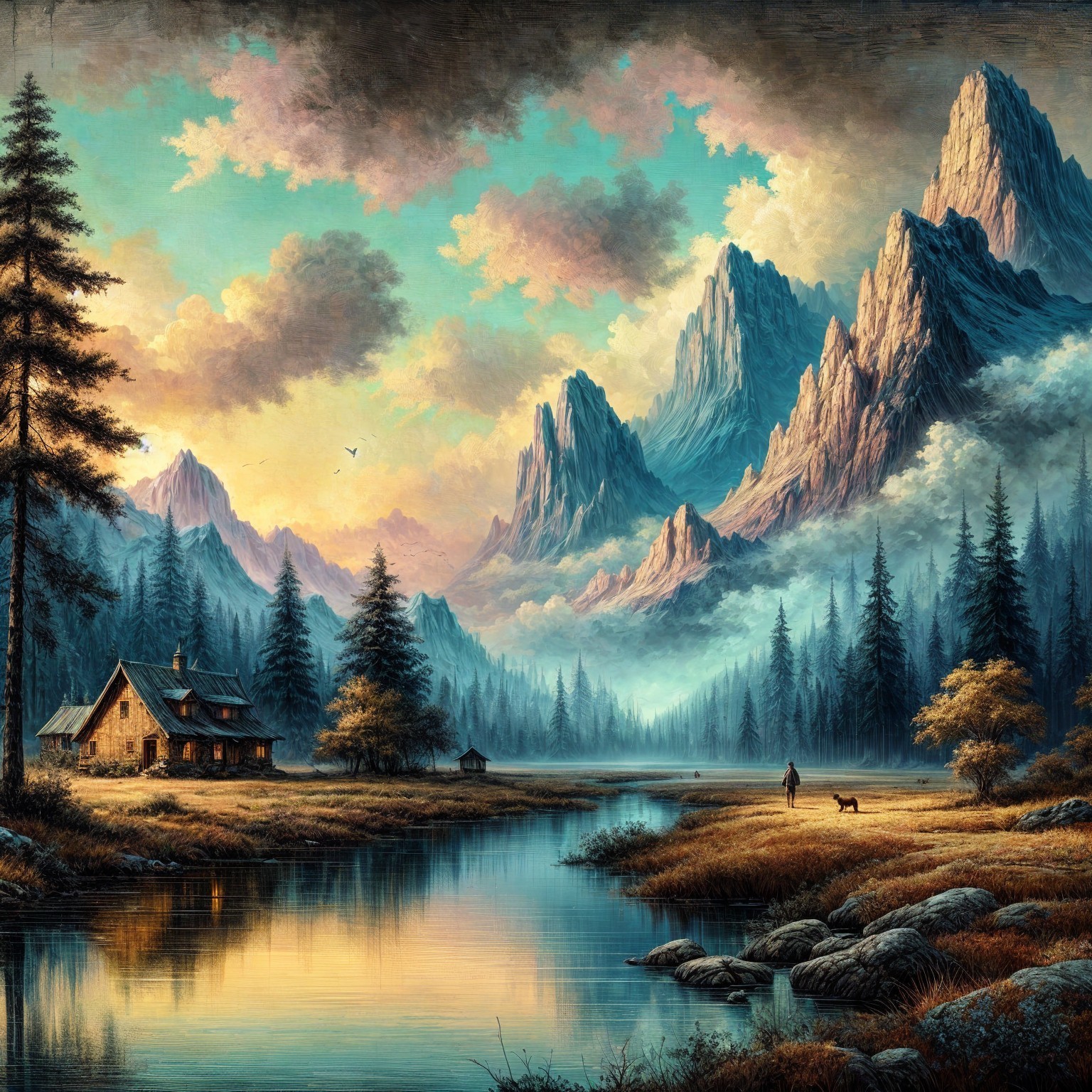 Tranquil Landscape with Cabin and Serene Lake