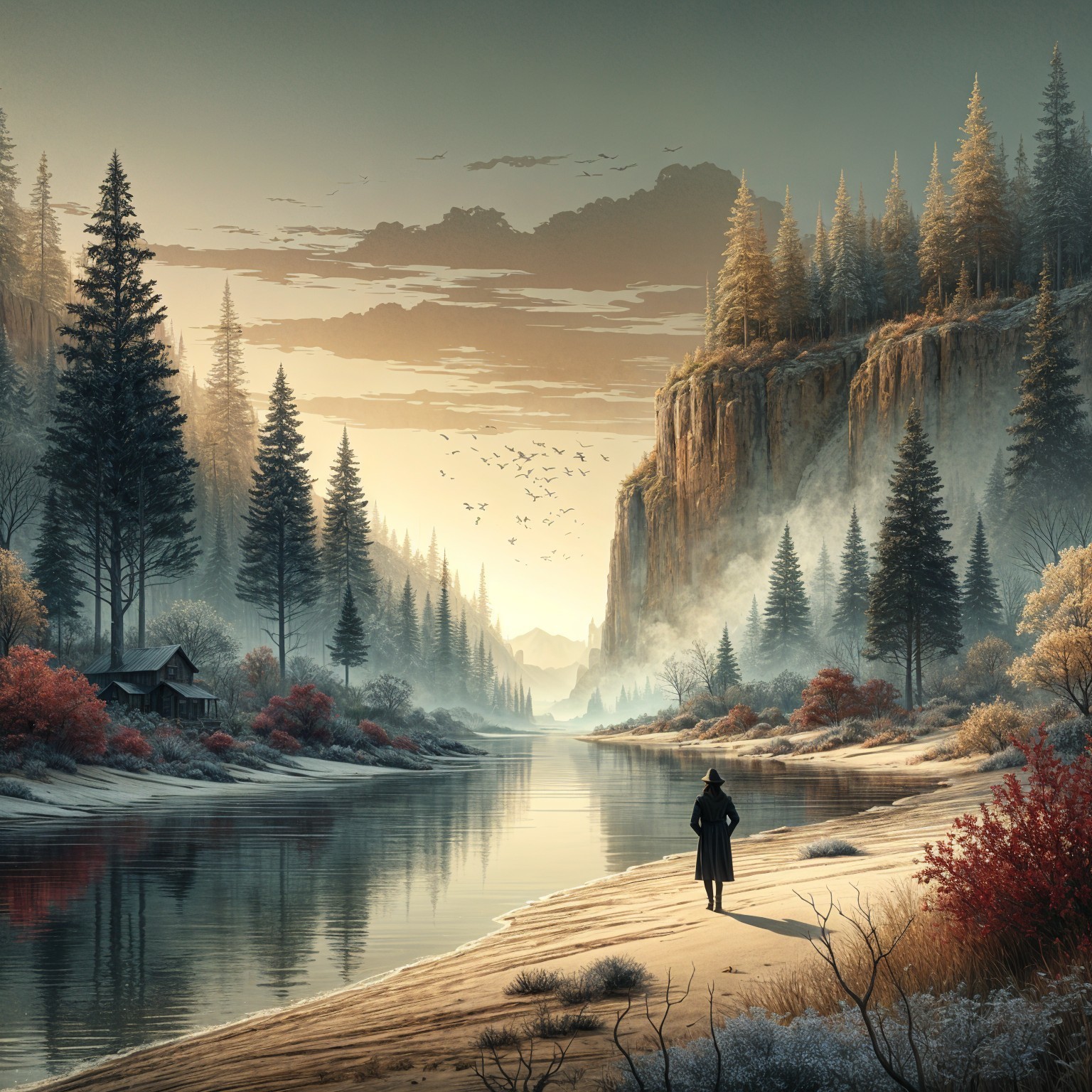 Dawn Landscape with River, Cliffs, and Trees