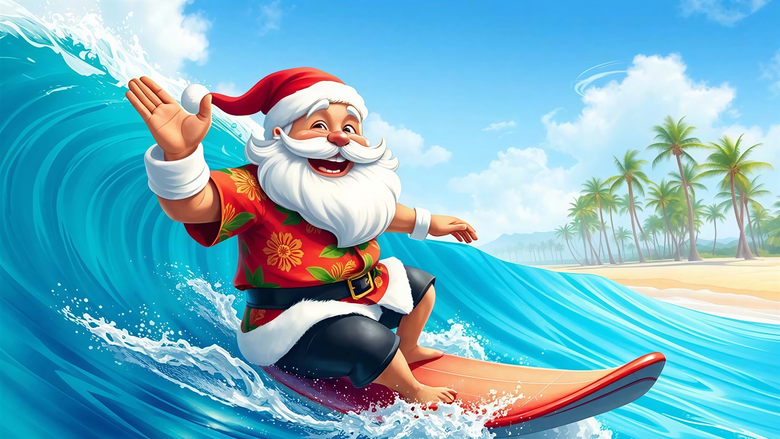 Santa Claus Surfing on a Wave in a Tropical Setting
