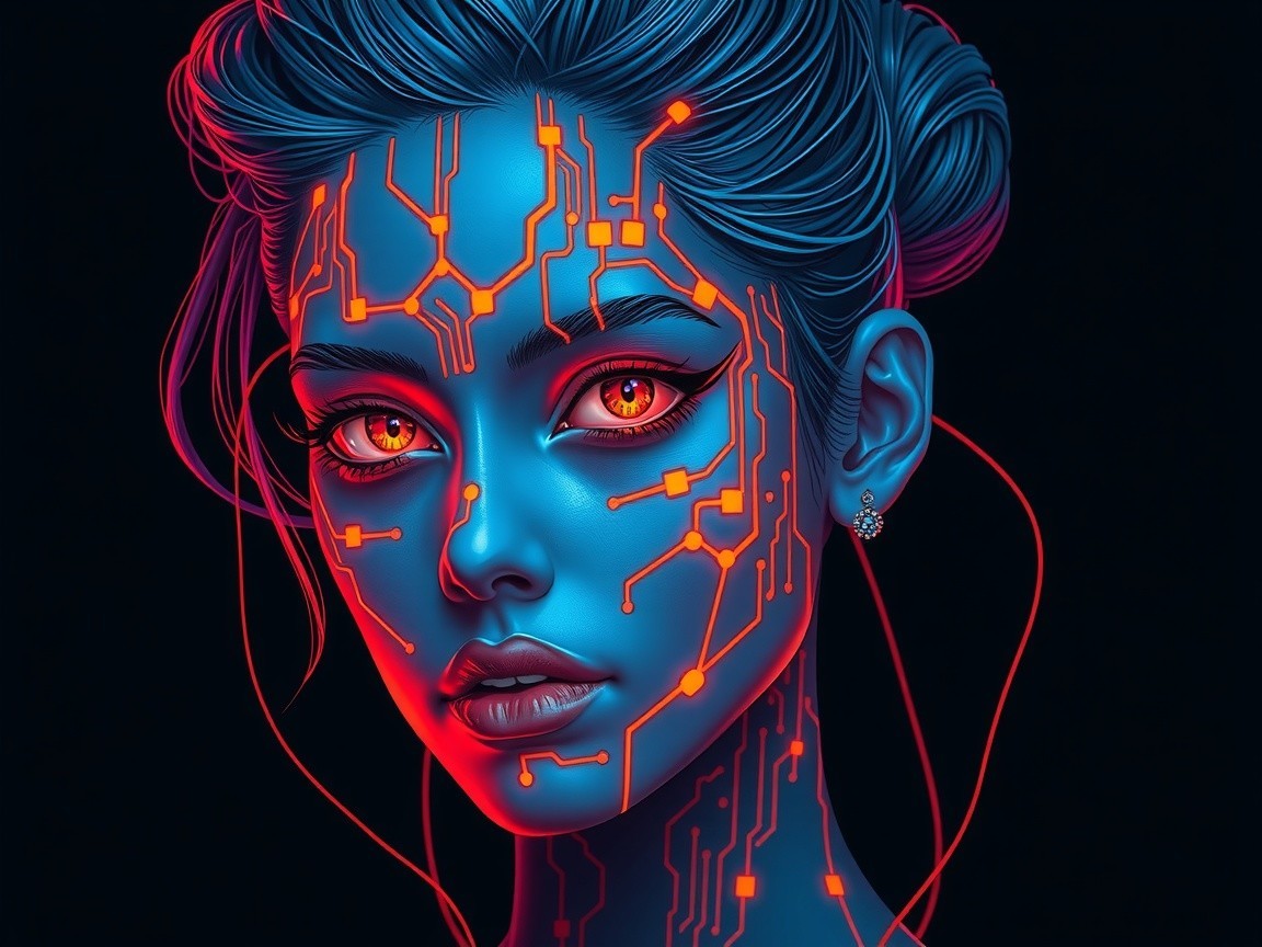 Futuristic Cybernetic Woman with Blue Skin and Orange Accents