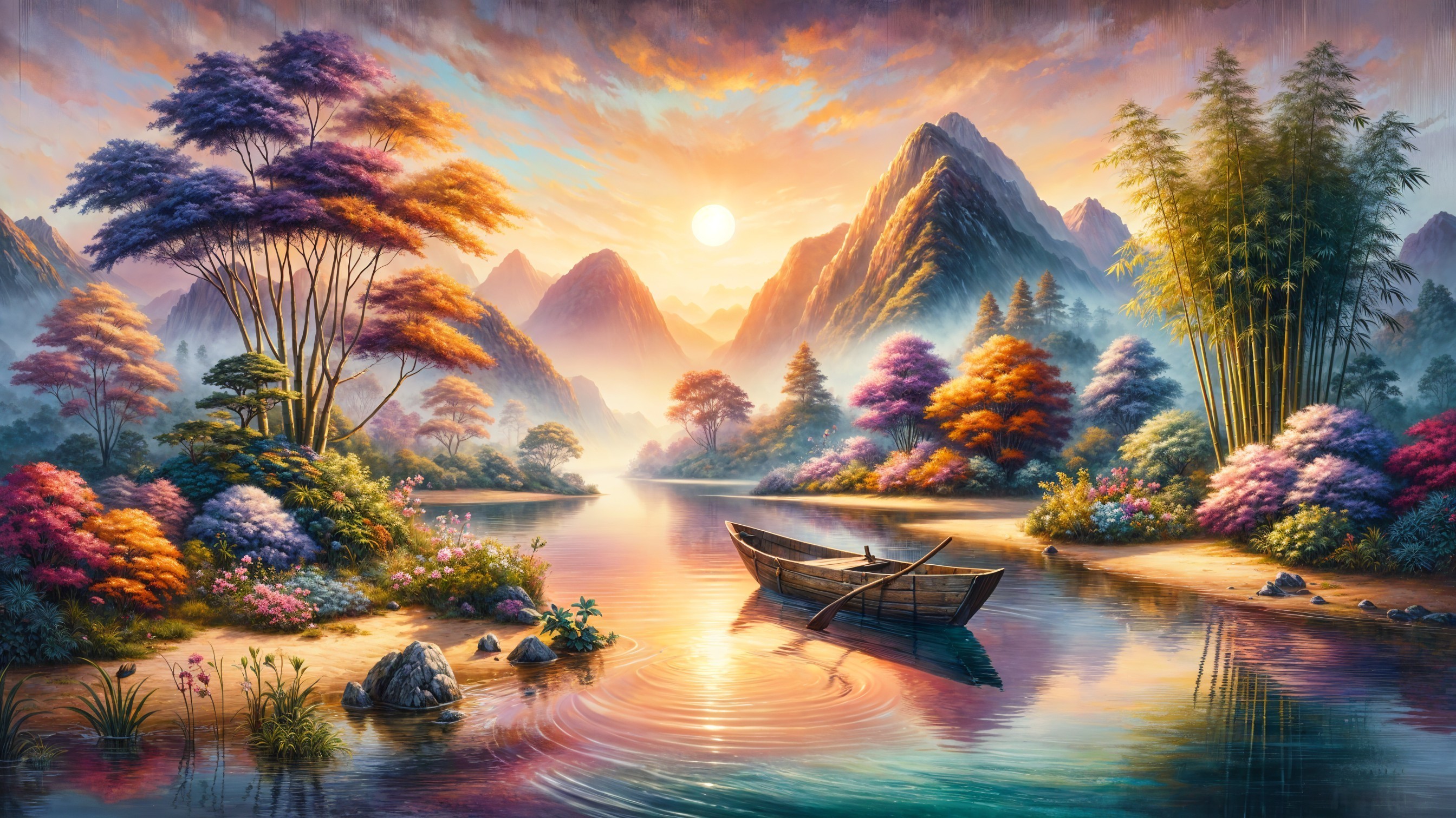 Vibrant Landscape with River and Majestic Mountains