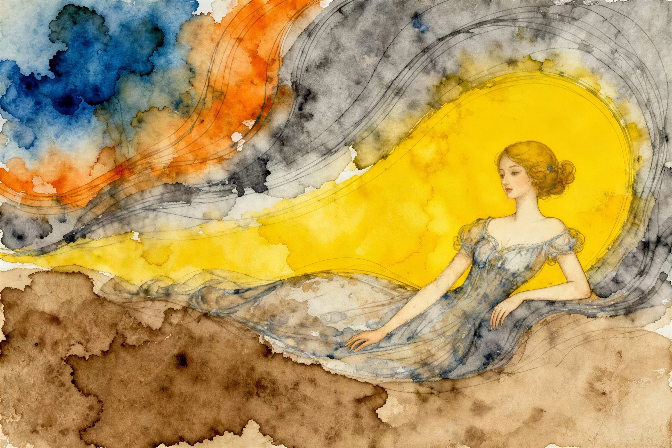 Watercolor Art Nouveau Painting of a Serene Woman