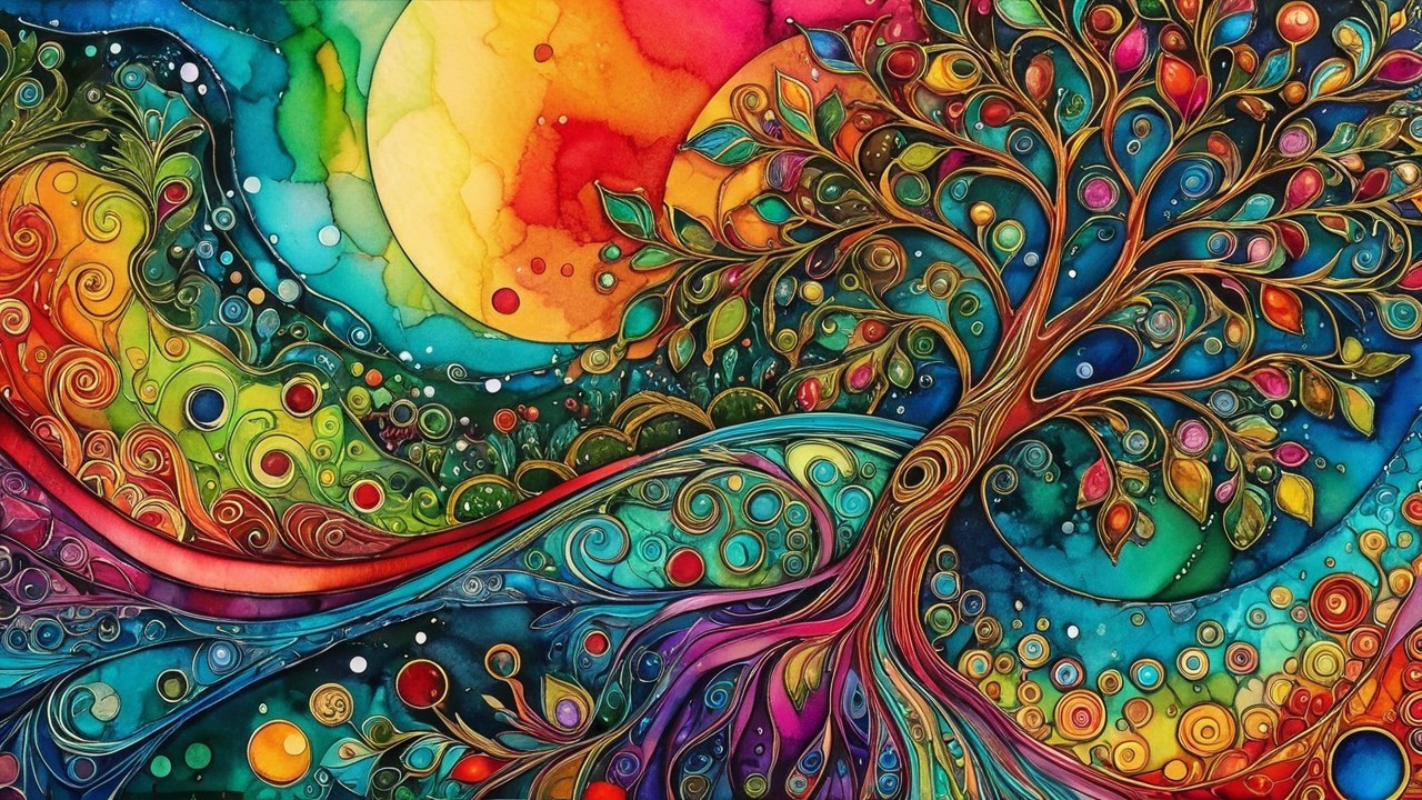 Multicultural Scene with Intricate Tree and Colors