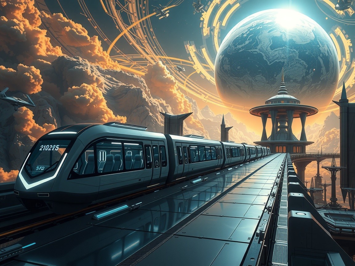 Futuristic train on platform in vibrant landscape scene