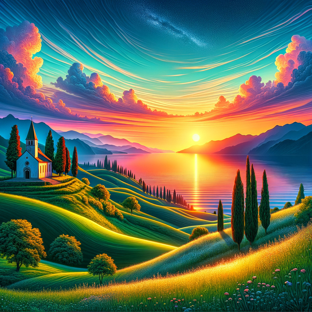 Vibrant Landscape with Sunset Over Tranquil Lake