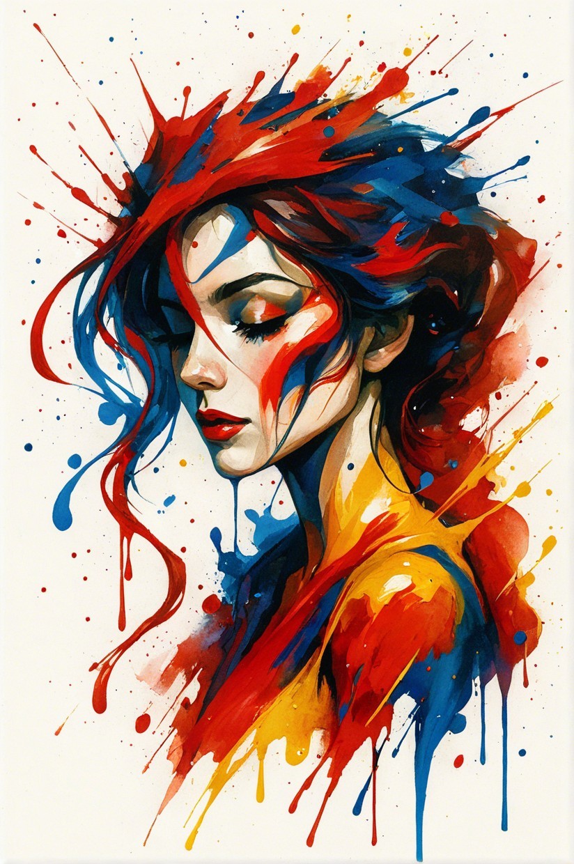 Portrait of a woman with vibrant, flowing hair and colors