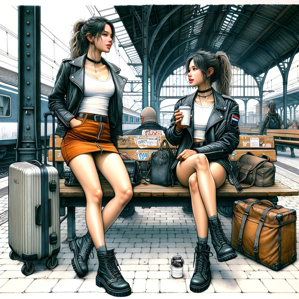 Chic Women at Vintage Train Station with Coffee and Suitcase