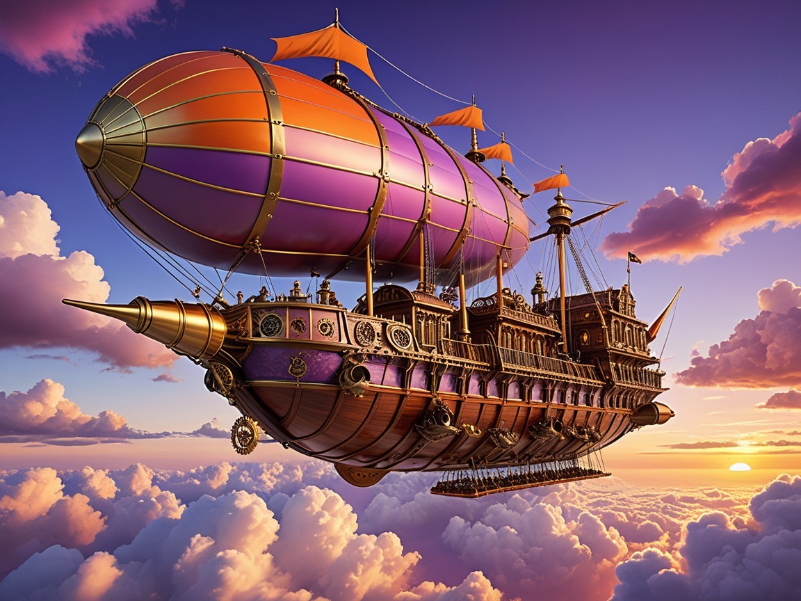 Steampunk Airship Among Sunset Clouds with Brass Details