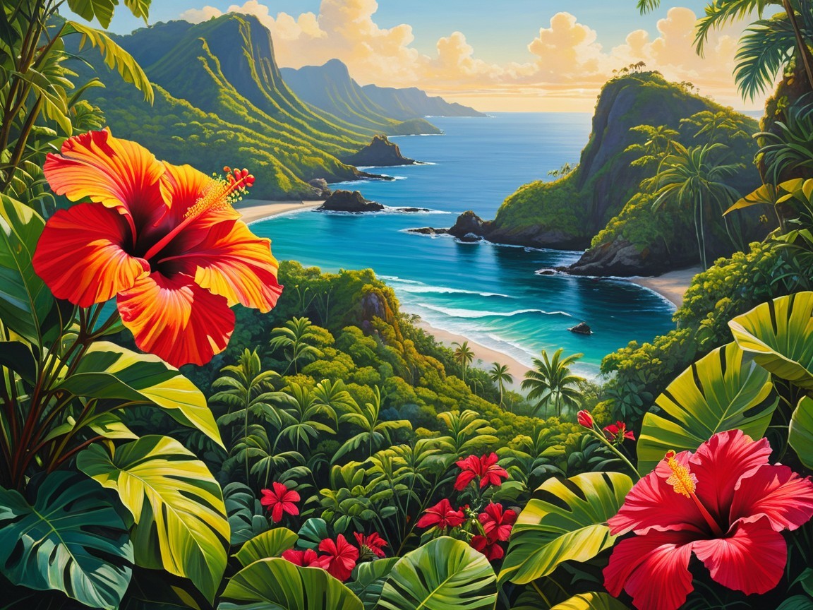 Vibrant Tropical Landscape with Mountains and Beach