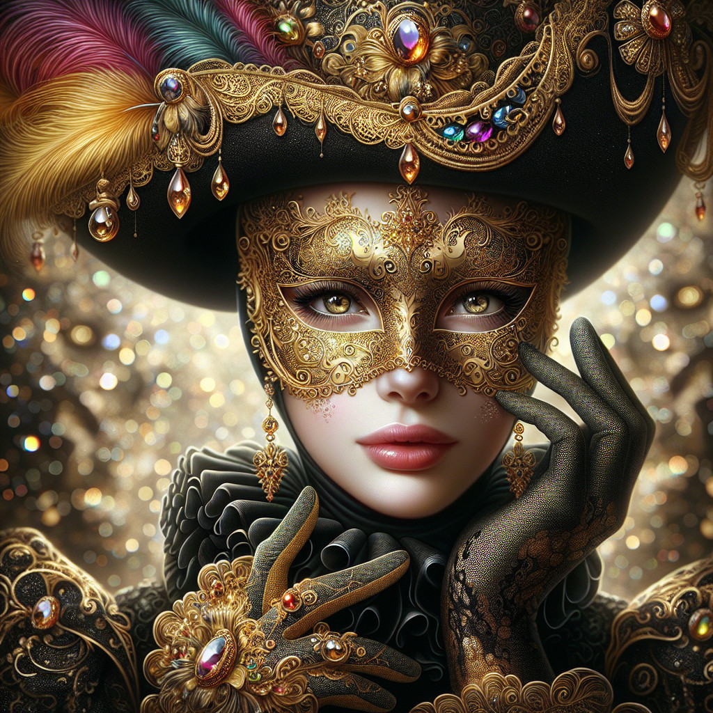 Opulent masquerade outfit with intricate mask details