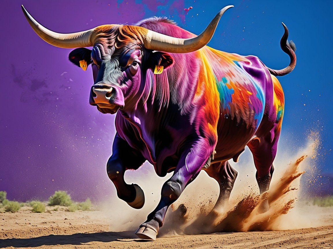 Surreal Colorful Bull Against Bright Blue Background