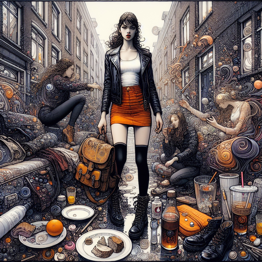 Young Woman in Urban Alley with Abstract Designs