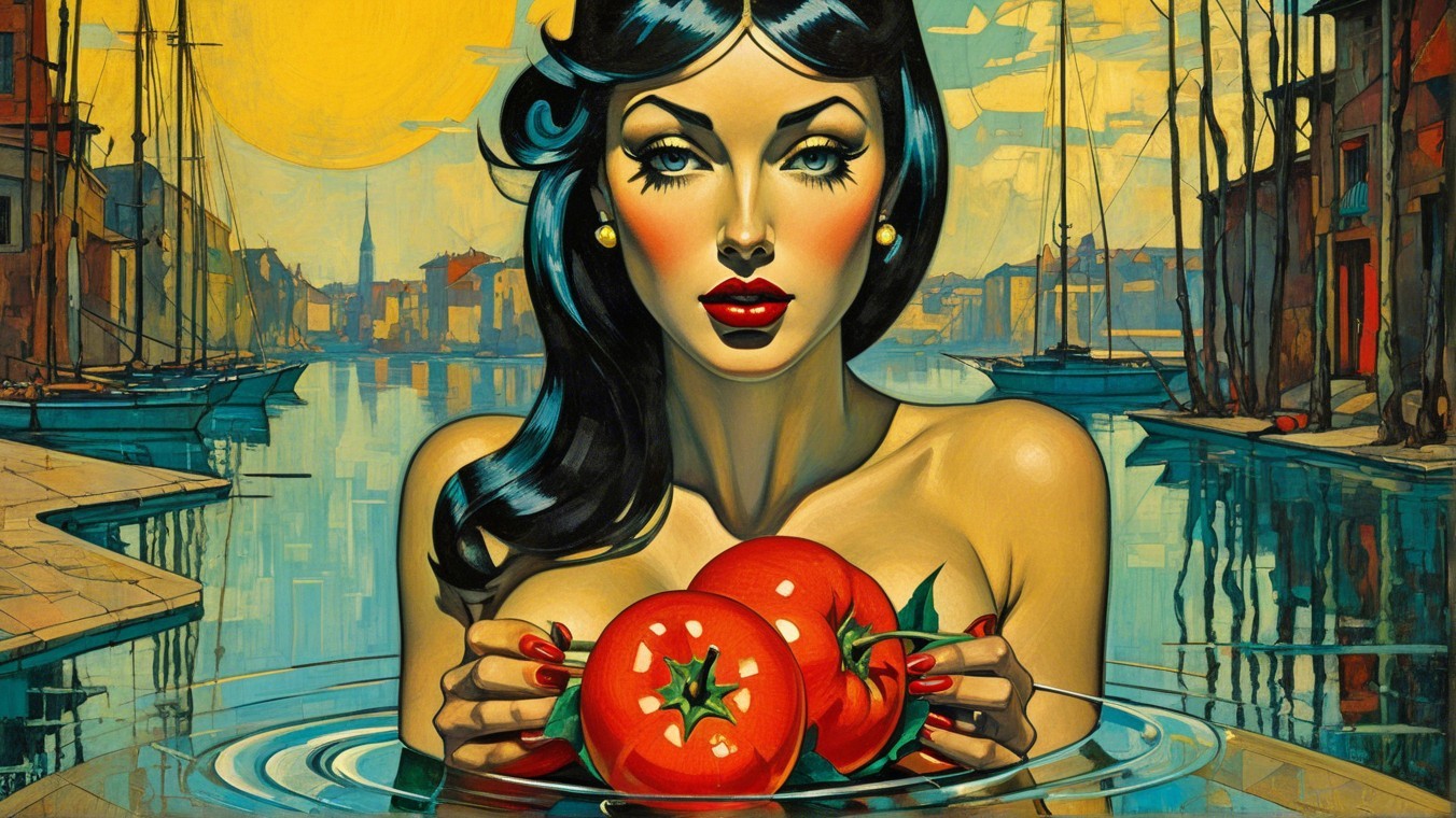 Vintage Illustration of Glamorous Woman with Tomatoes
