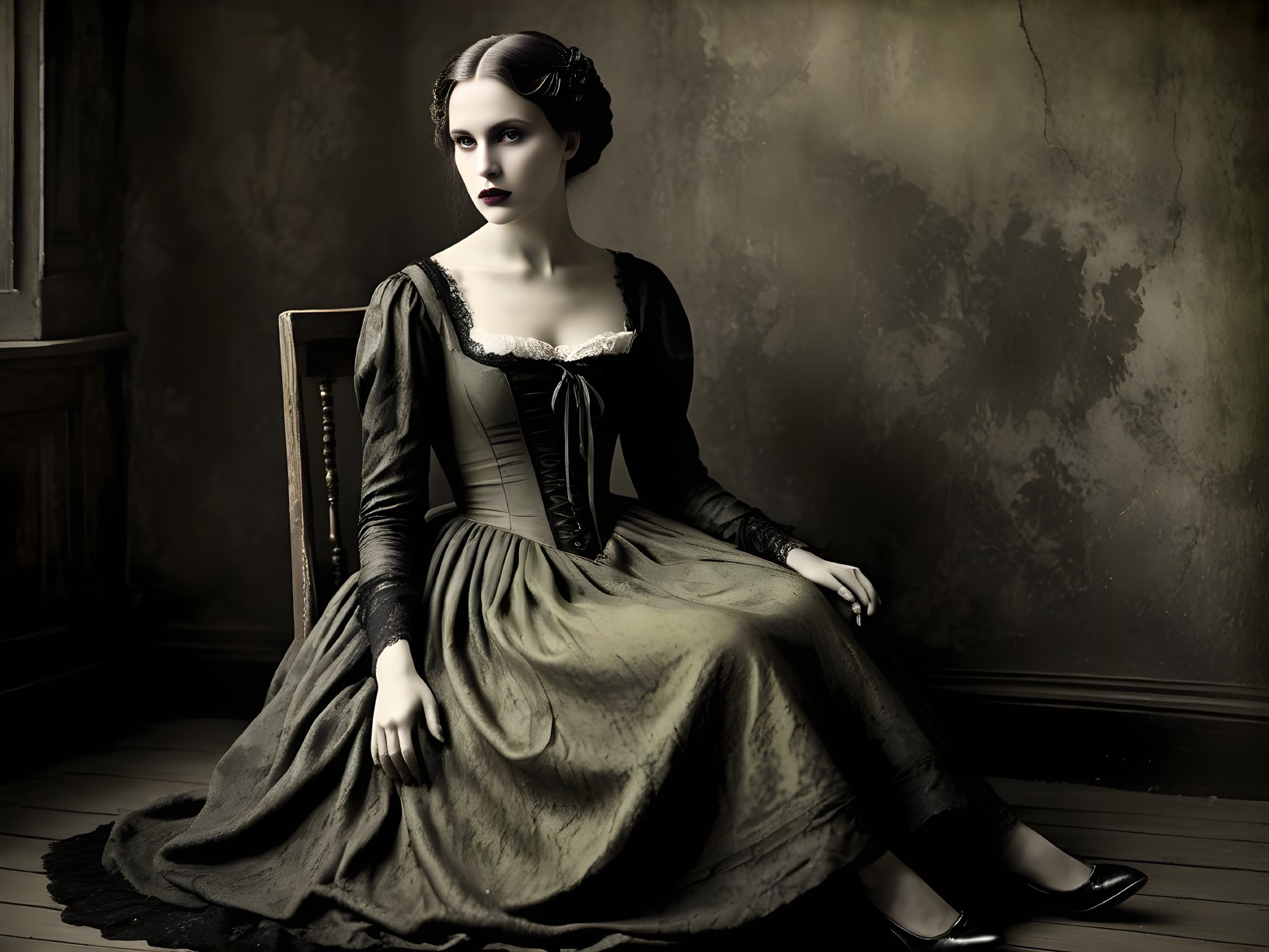 Woman in Vintage Dark Green Gown in Dimly Lit Room