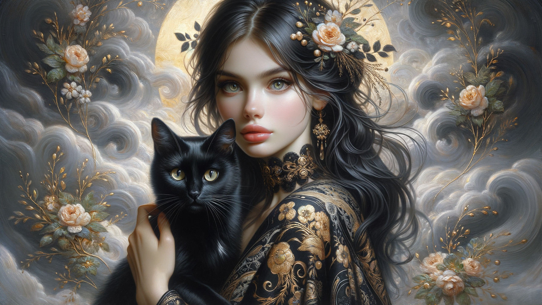 Portrait of a Young Woman with Cat and Floral Accents