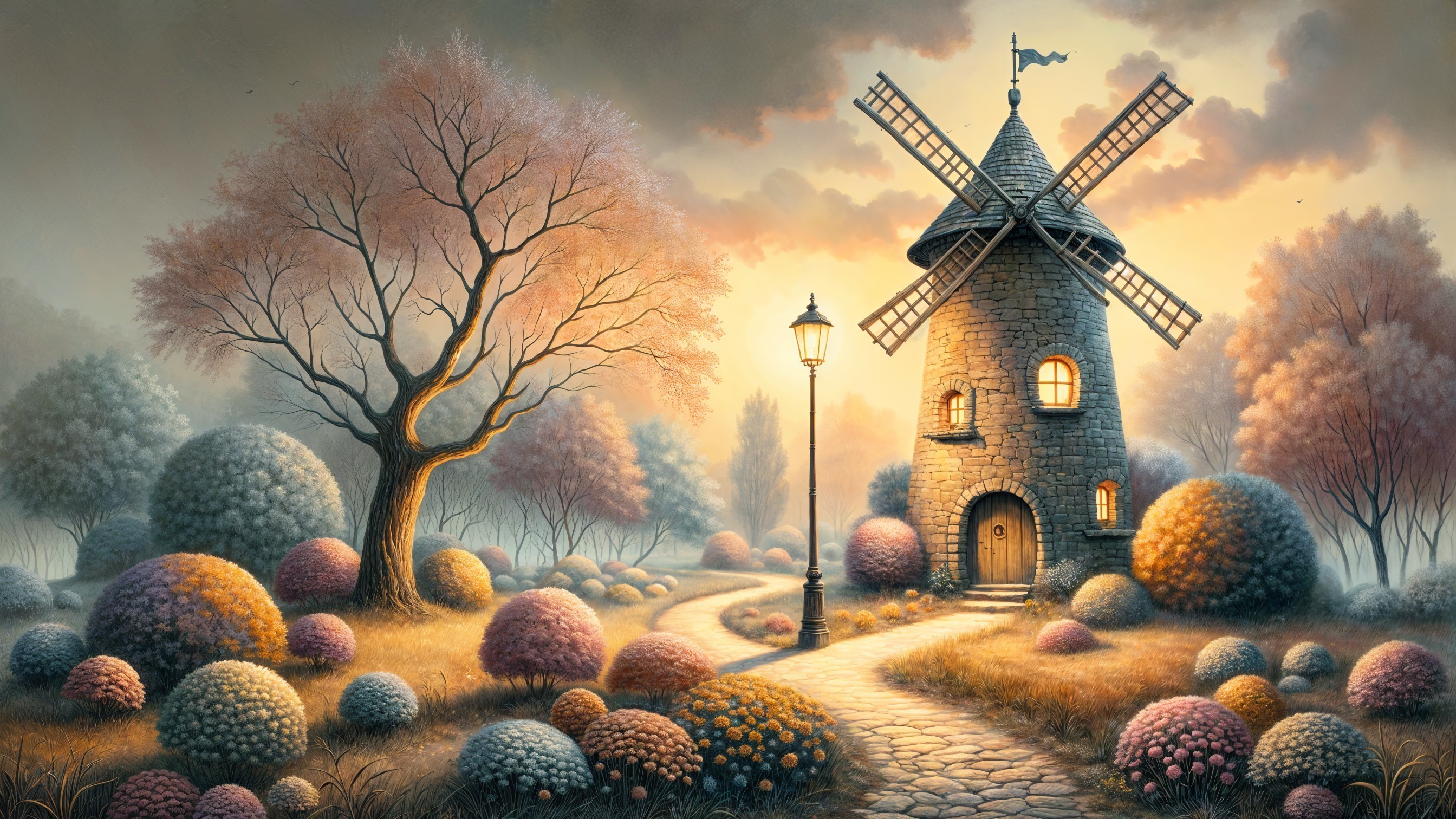 Charming Windmill Landscape at Dusk with Lush Bushes