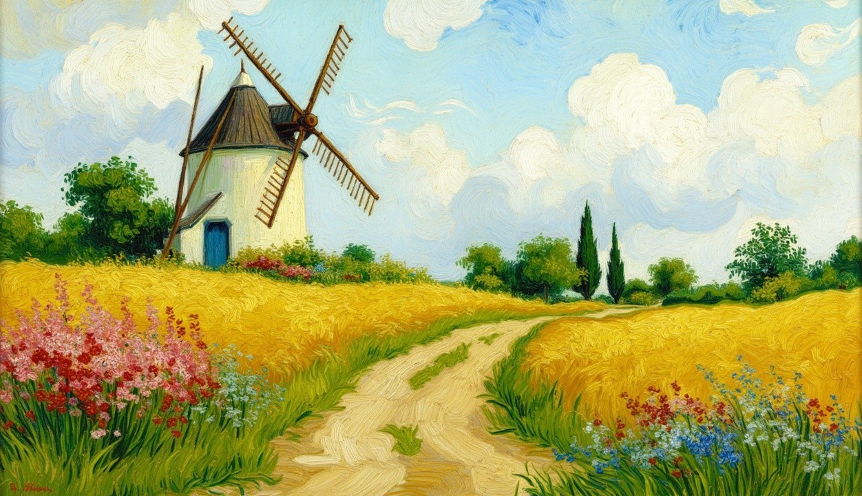 Charming Windmill by Wheat Field and Wildflowers