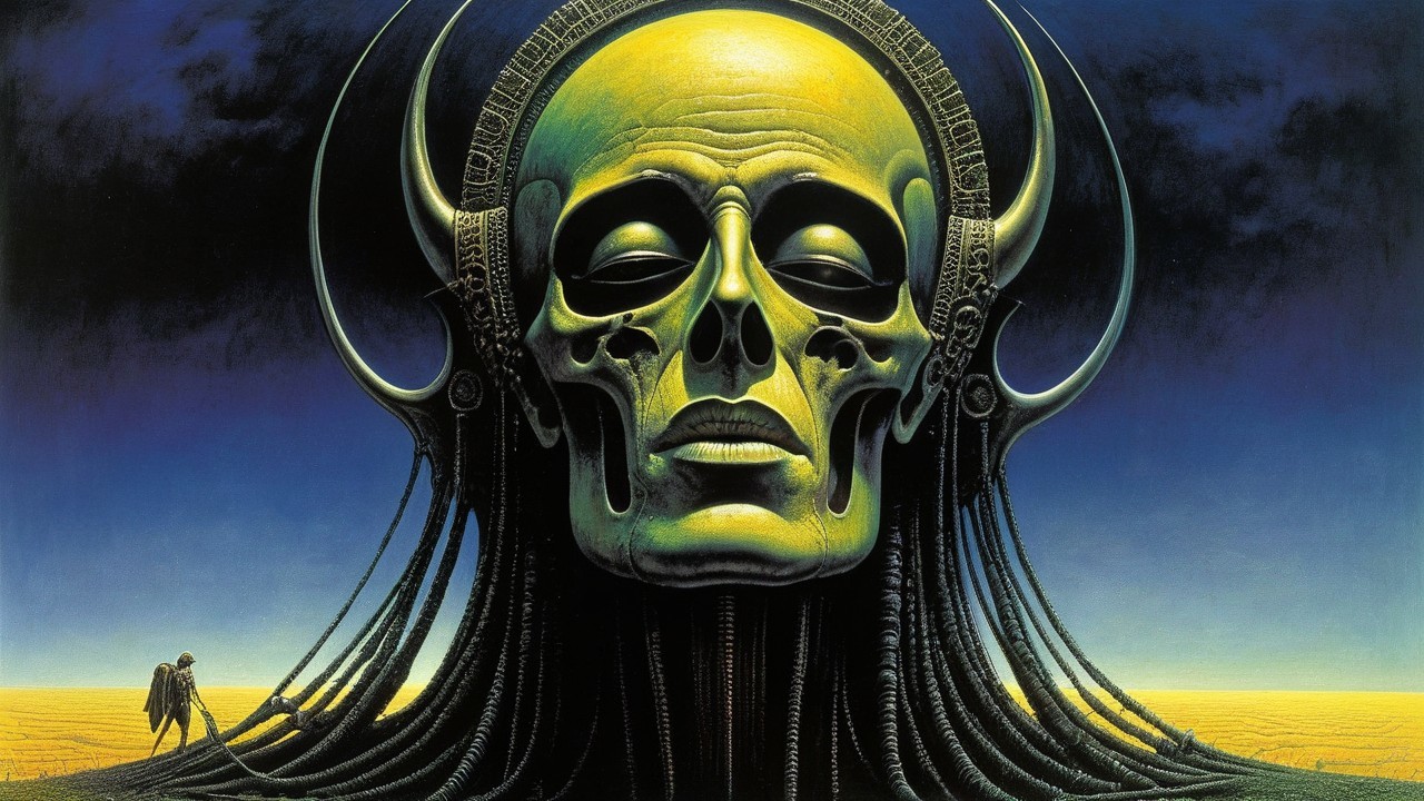 Colossal Mystical Skull Against Desert Sunset Landscape