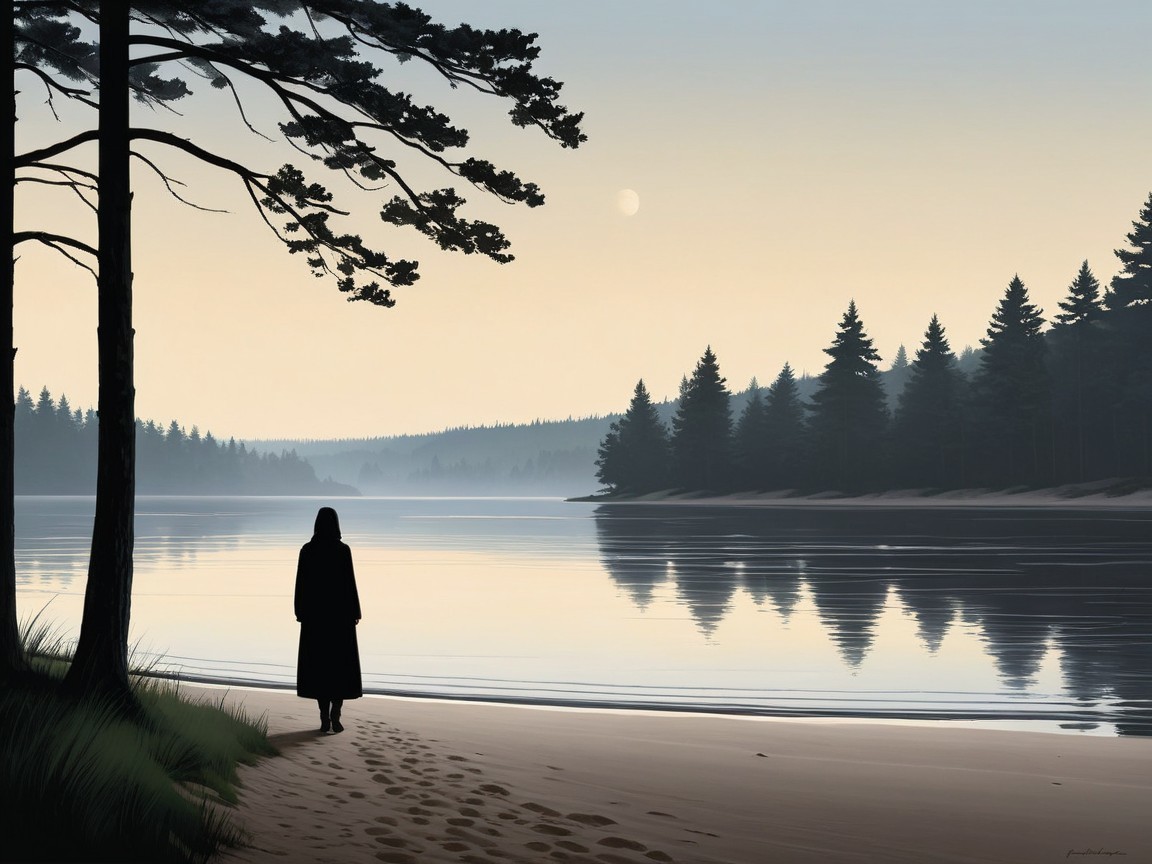 Lakeside Dawn with Figure in Black Coat and Pines