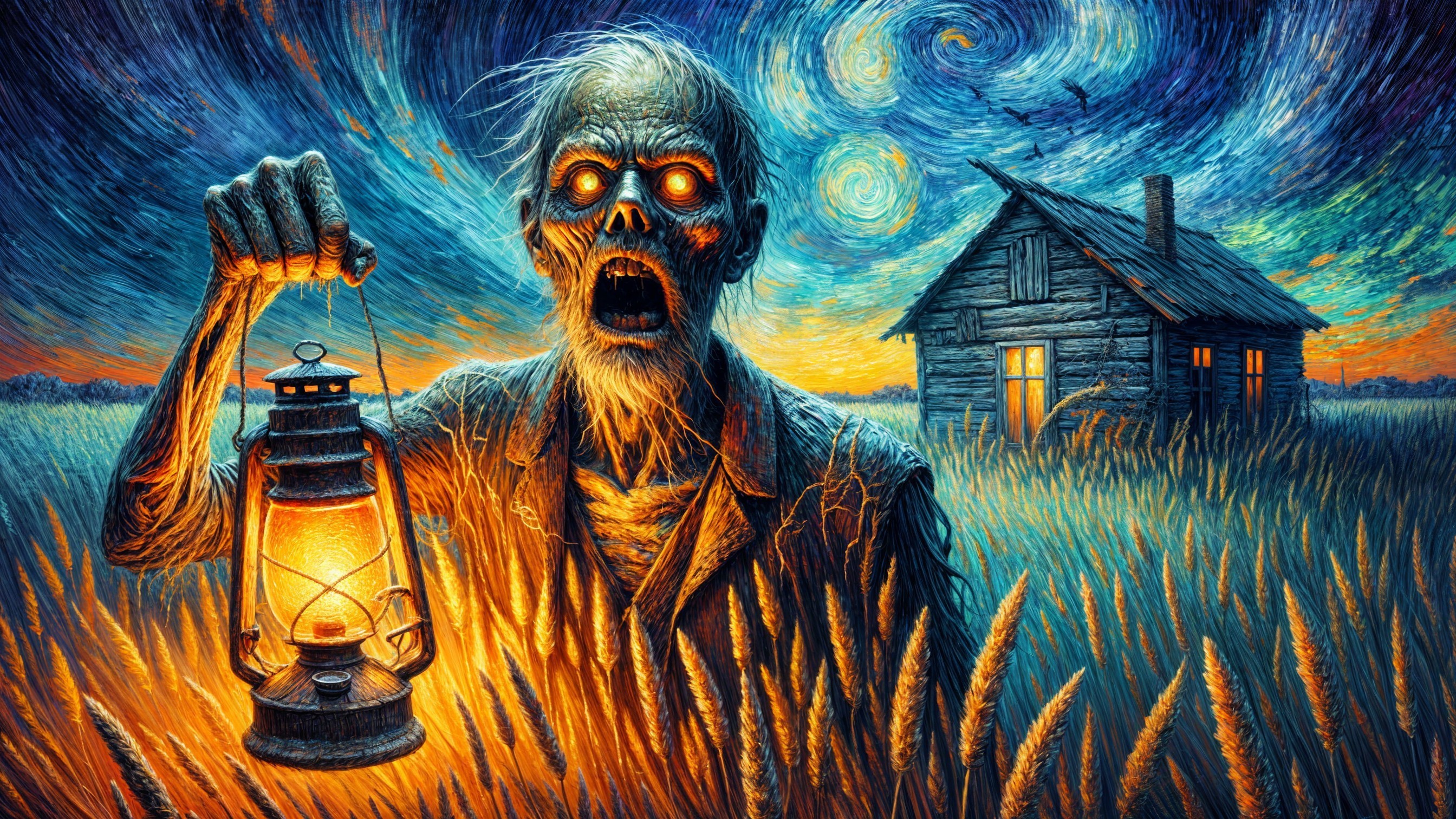 Eerie Twilight Scene with Zombie Figure and Lantern