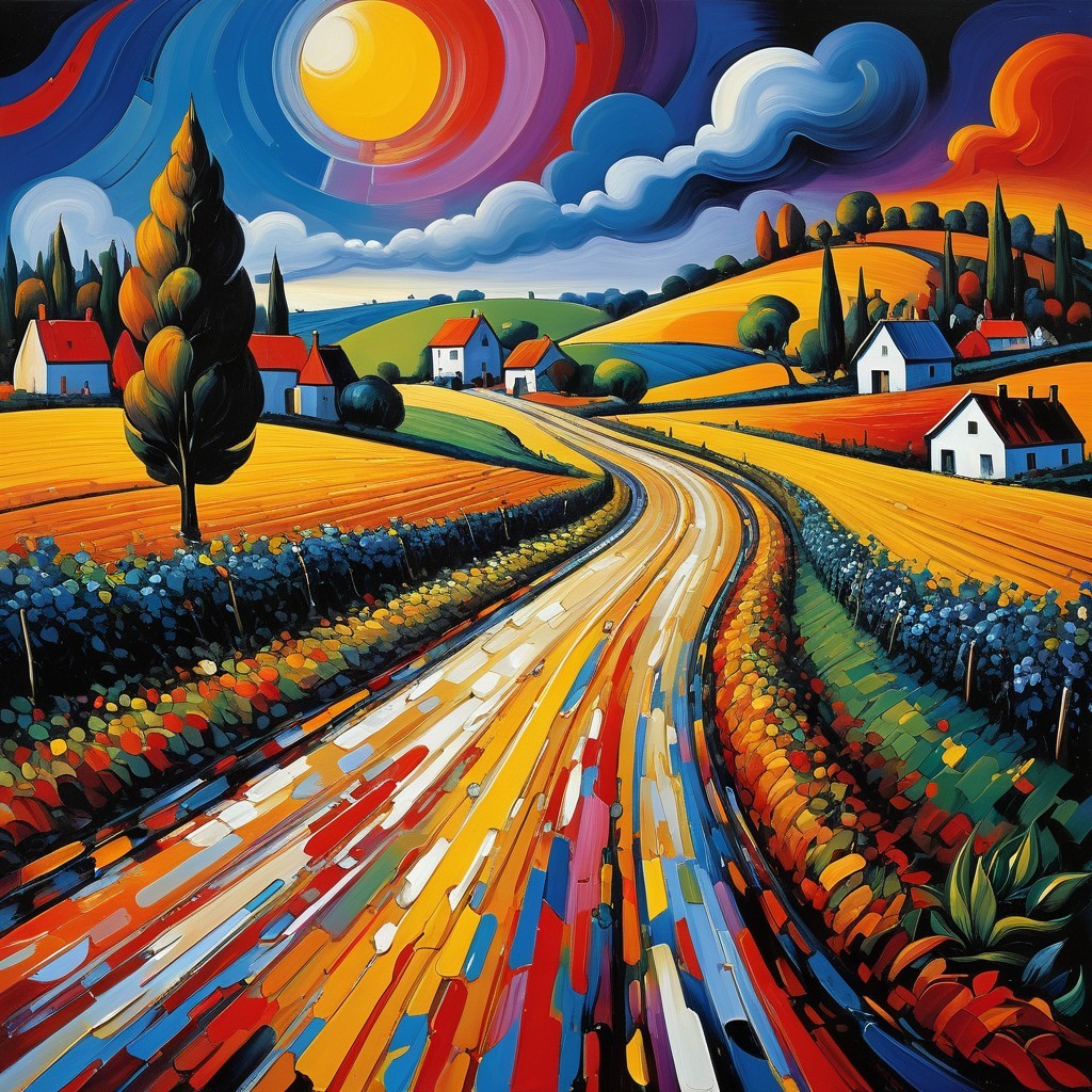 Vibrant Landscape with Winding Road and Rolling Hills