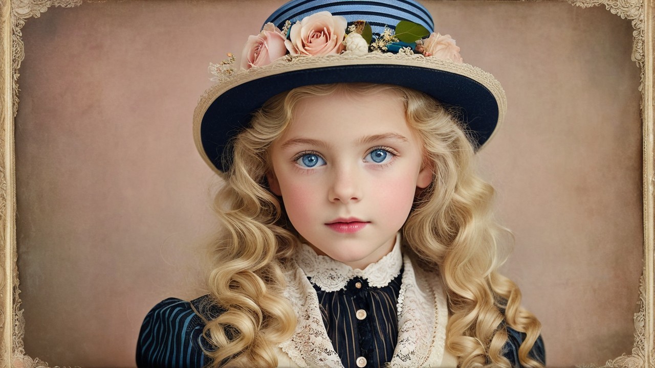 Young girl in vintage outfit with blonde curls and hat