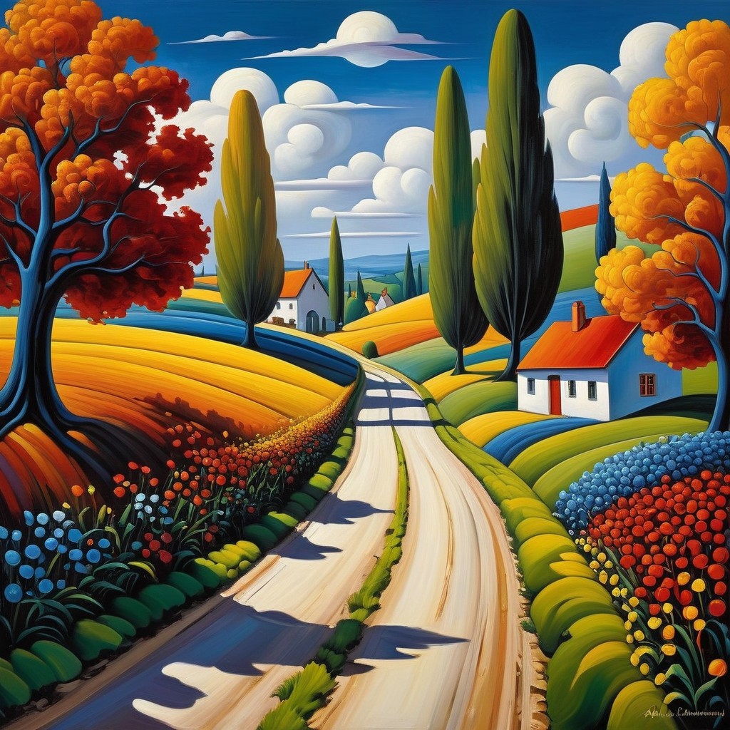 Vibrant Landscape with Winding Road and Colorful Fields