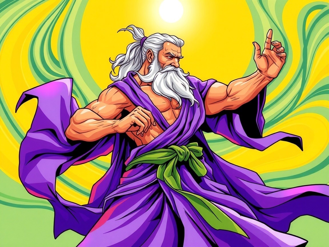 Mystical figure in purple robe with radiant backdrop