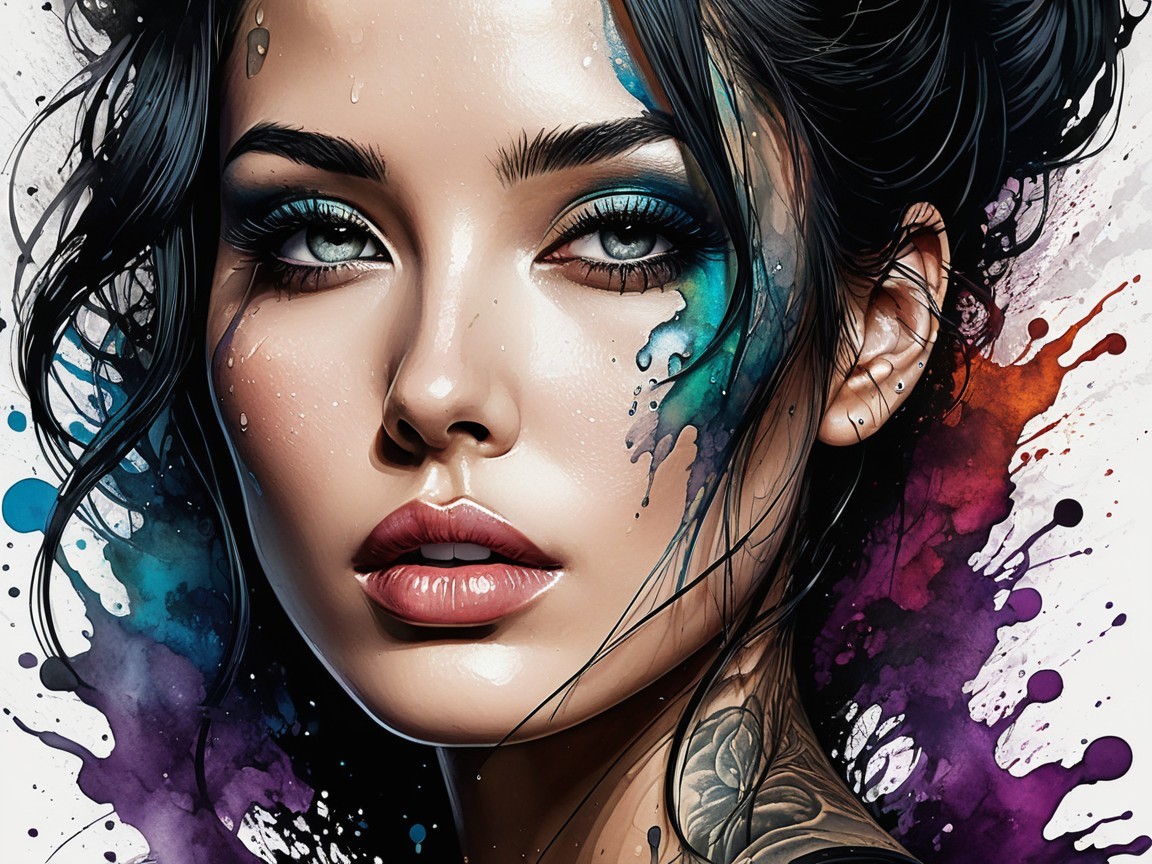 Portrait of a Woman with Green Eyes and Abstract Colors