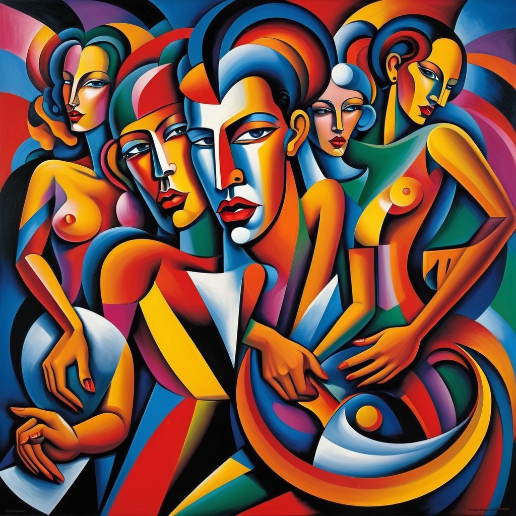Vibrant Abstract Composition with Stylized Figures
