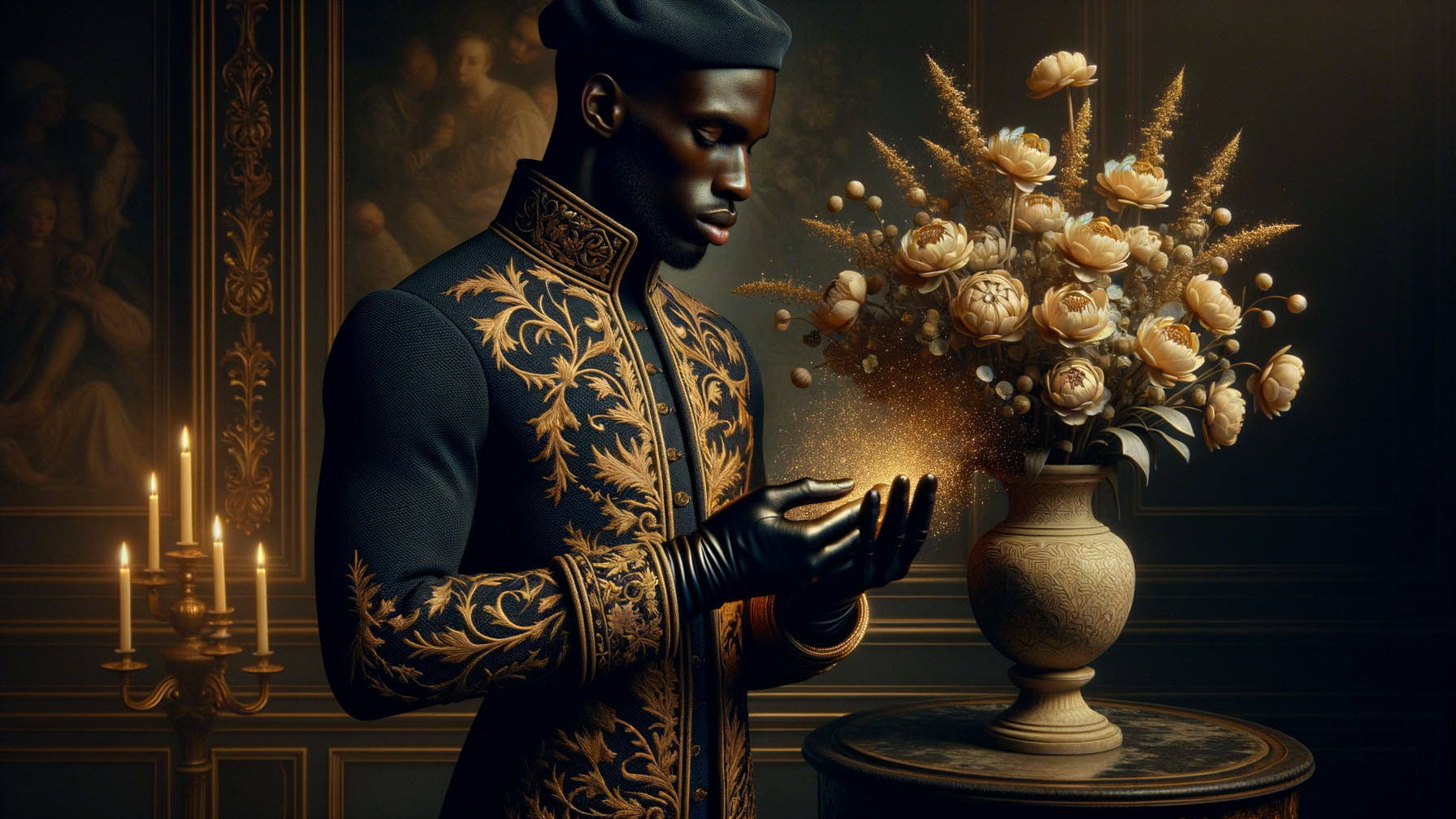 Man in Blue Coat with Golden Flowers and Candlelight