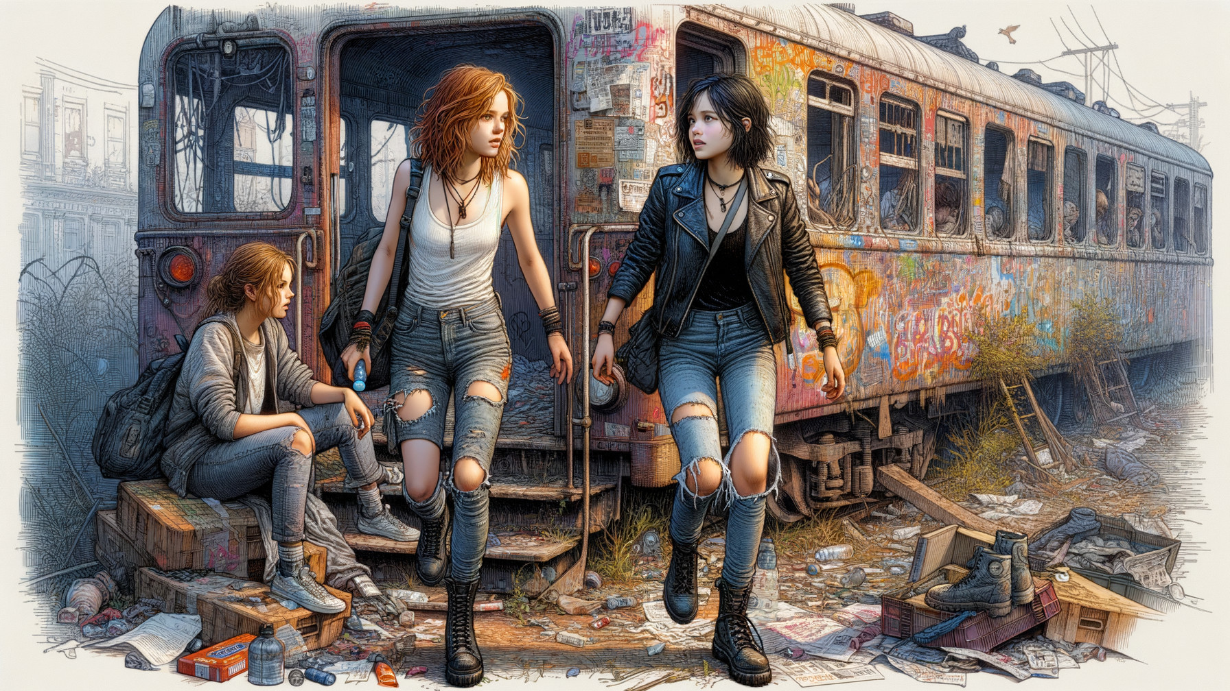 Post-Apocalyptic Scene with Young Women and Urban Decay