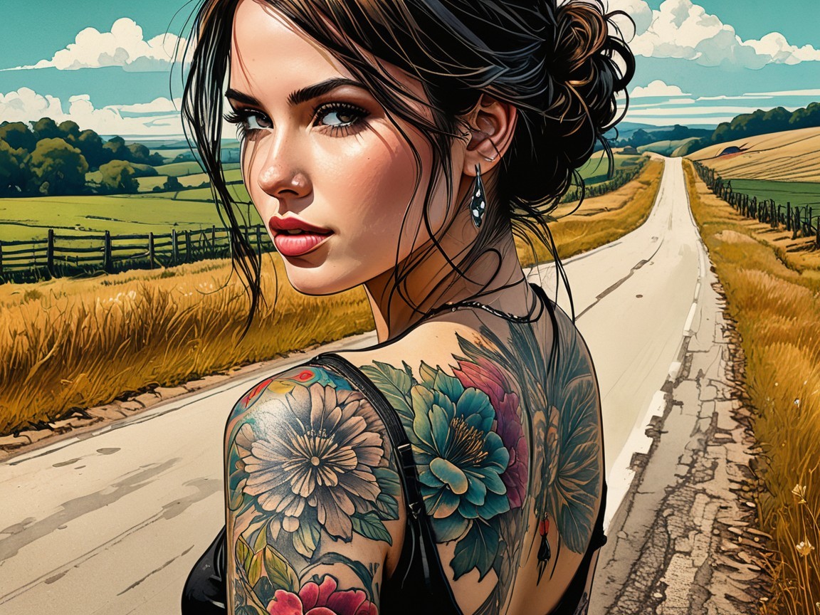 Young Woman with Tattoos on Winding Road Landscape