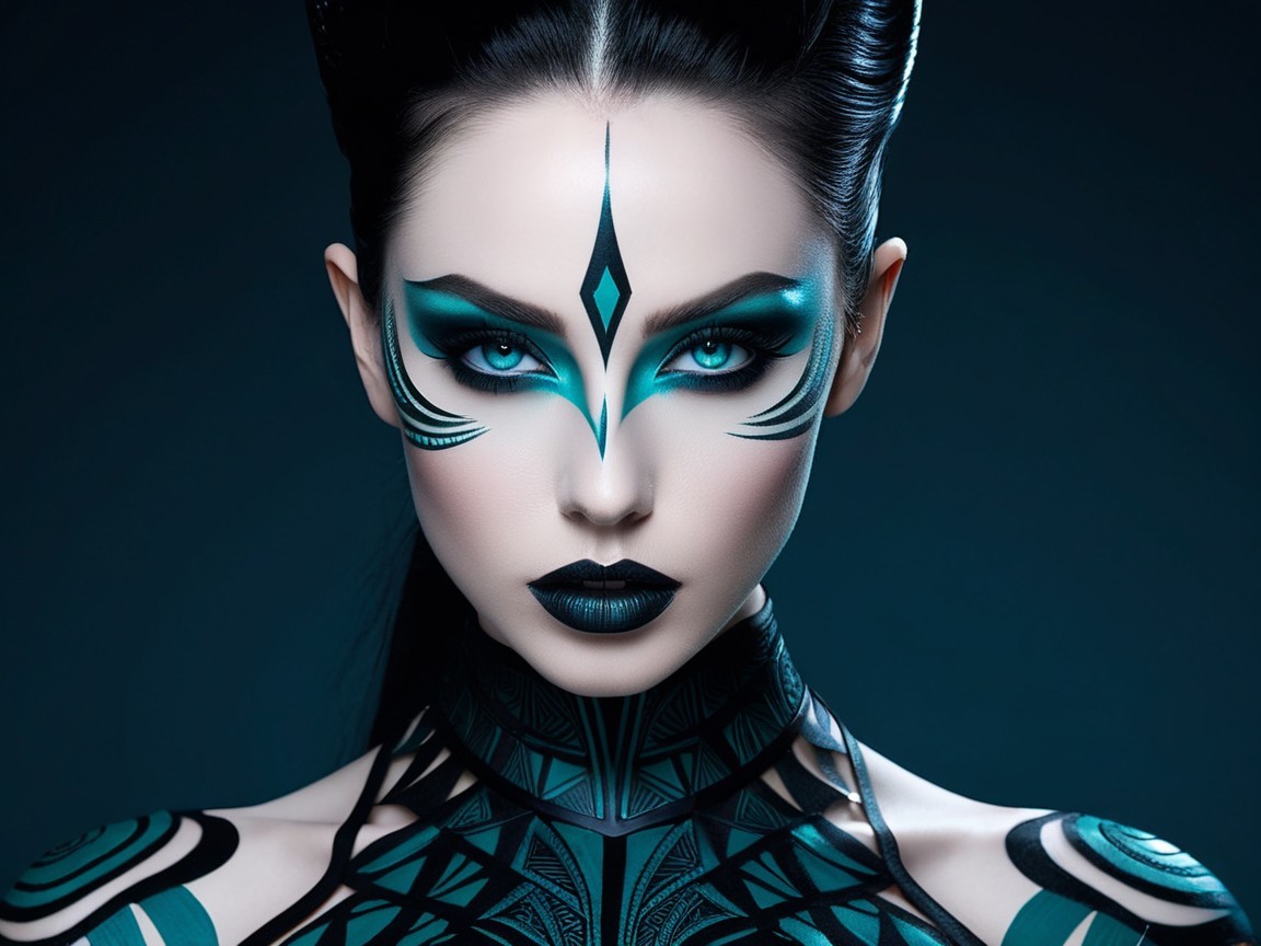 Model with Turquoise Face Paint and Body Art