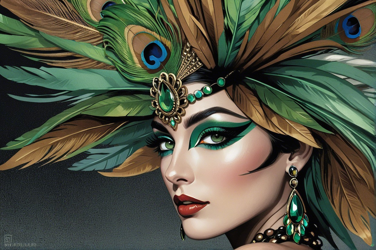 Glamorous Woman with Feathered Headpiece and Jewelry