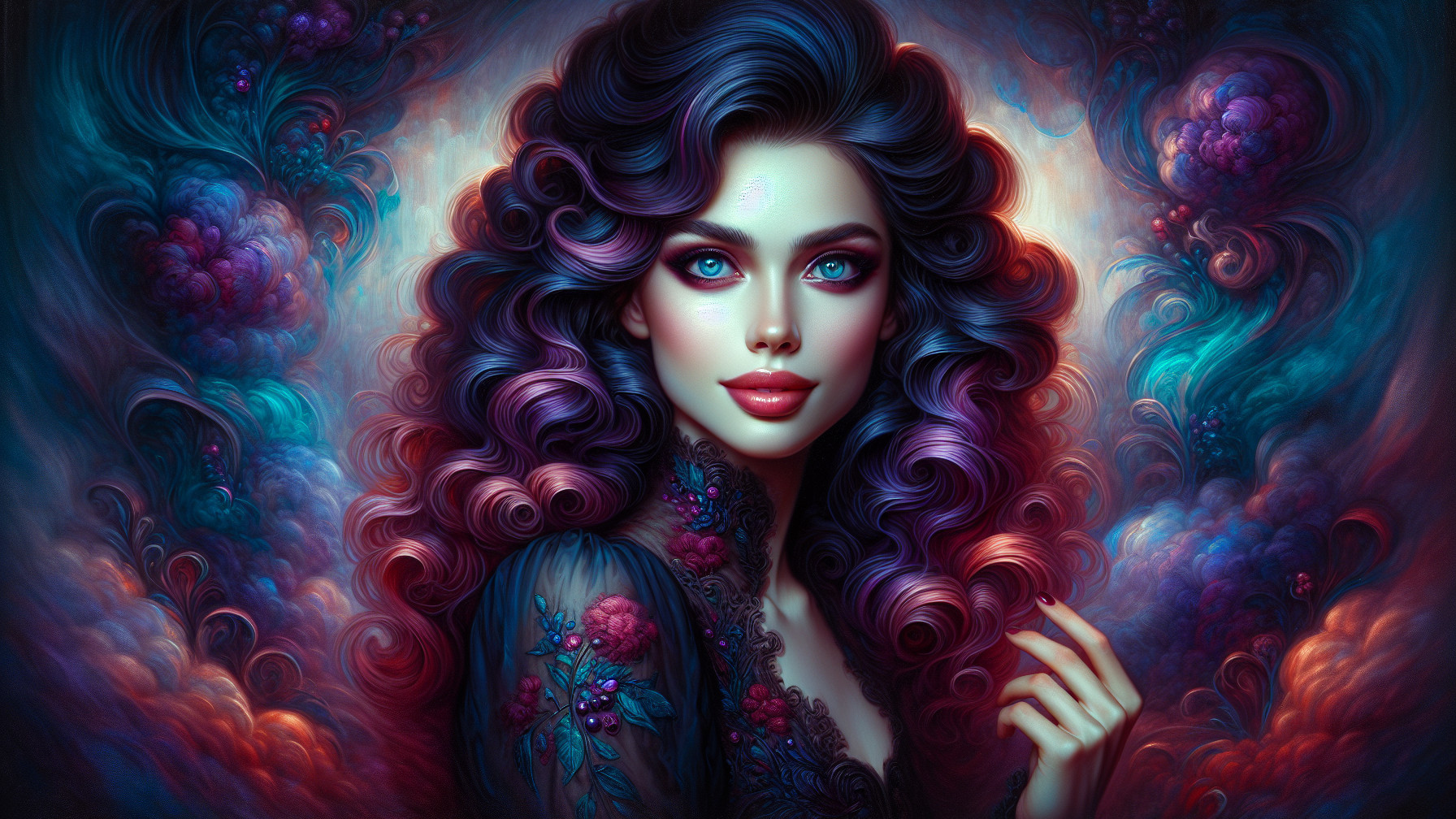 Vibrant Curls and Dreamlike Floral Background