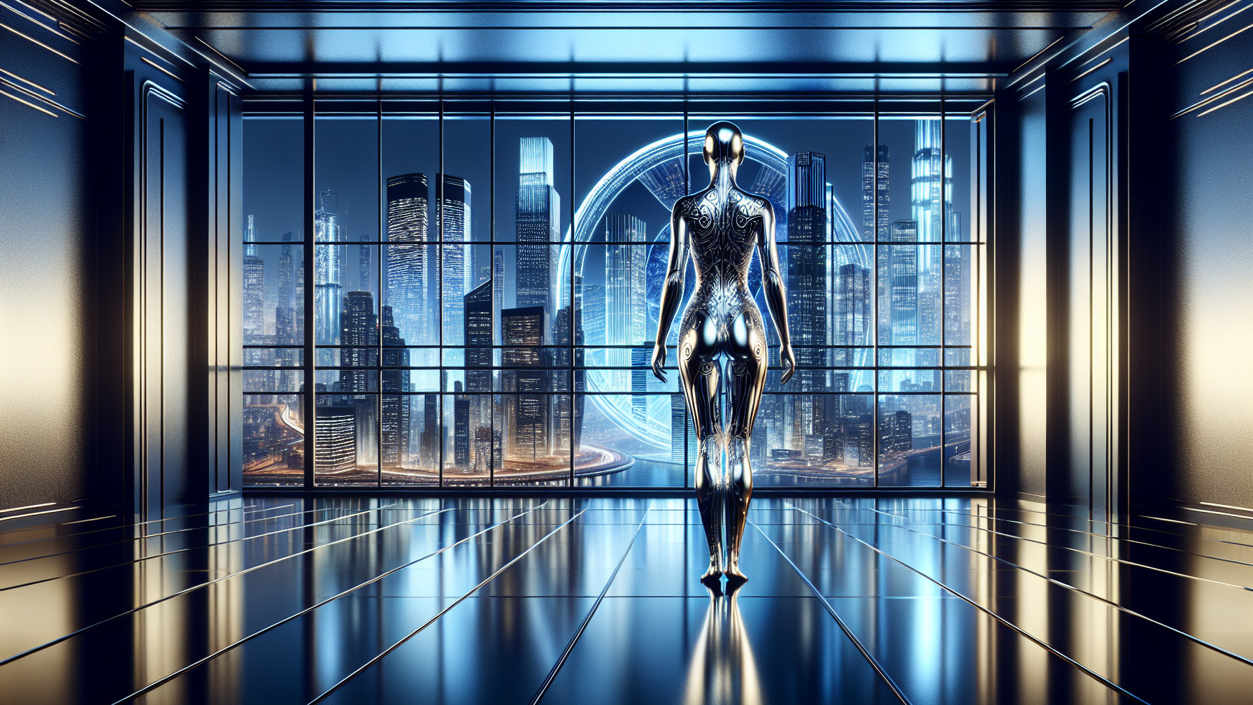 Futuristic Robot in Modern Room with City Skyline View