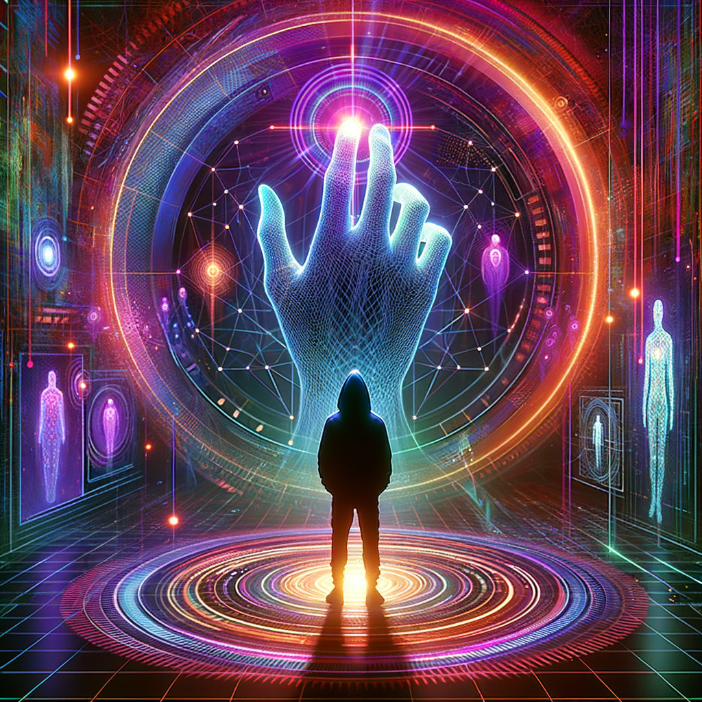 Silhouetted Figure in a Vibrant Digital Realm