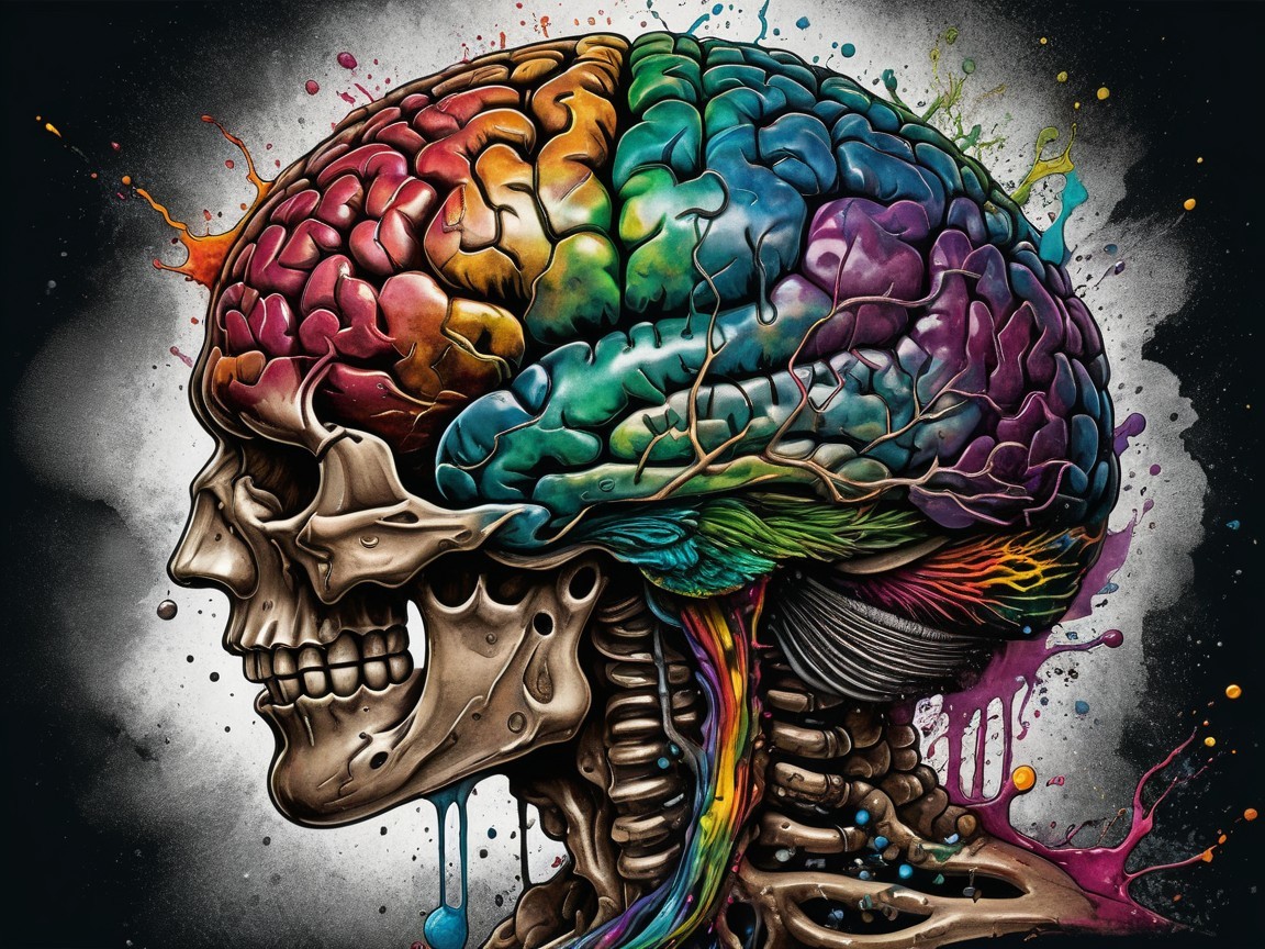 Stylized Skull Profile with Colorful Brain Anatomy