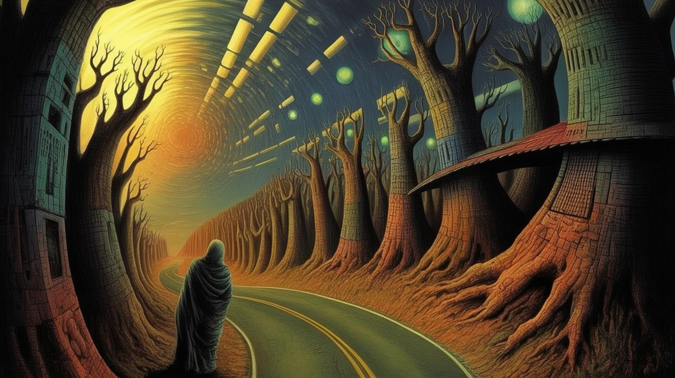 Surreal Landscape with Twisted Trees and Vibrant Sky