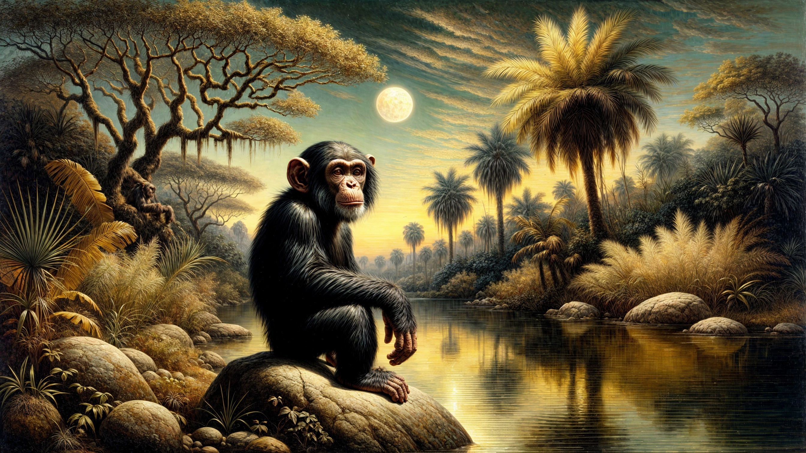 Chimpanzee by River at Dusk with Tropical Landscape
