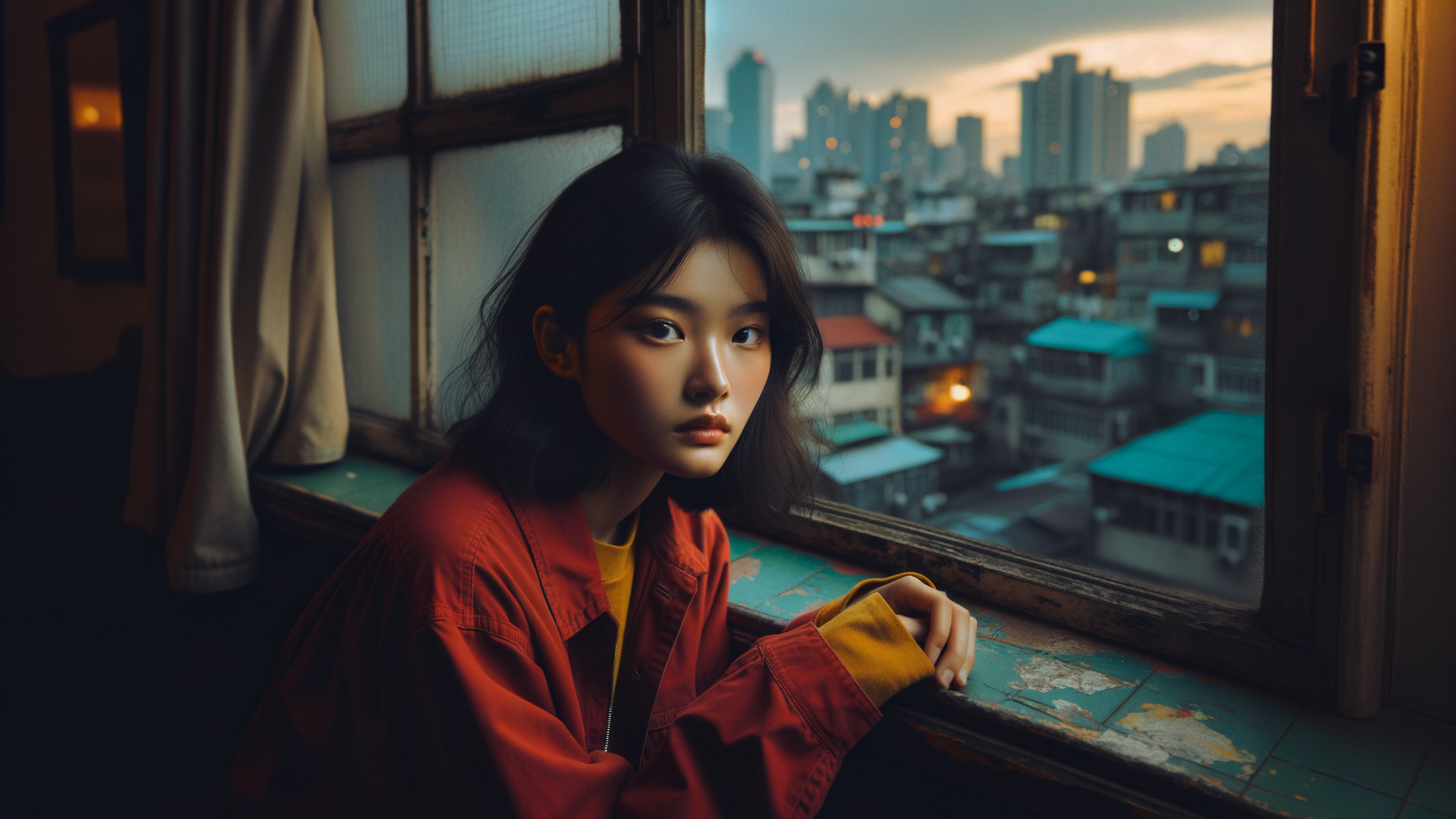 Young woman in vibrant attire gazes out window