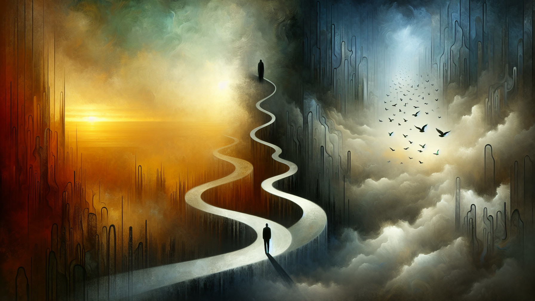 Surreal Landscape with Contrasting Warm and Cool Themes