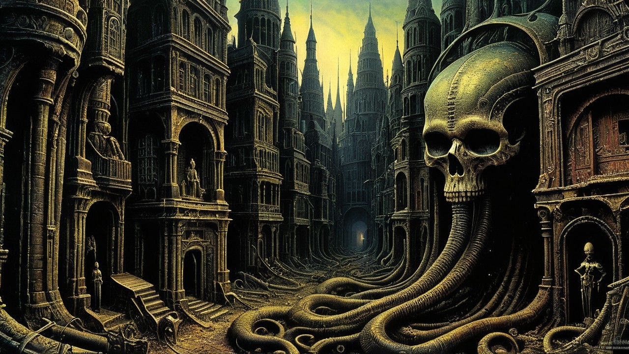 Surreal Dystopian Cityscape with Gothic Architecture