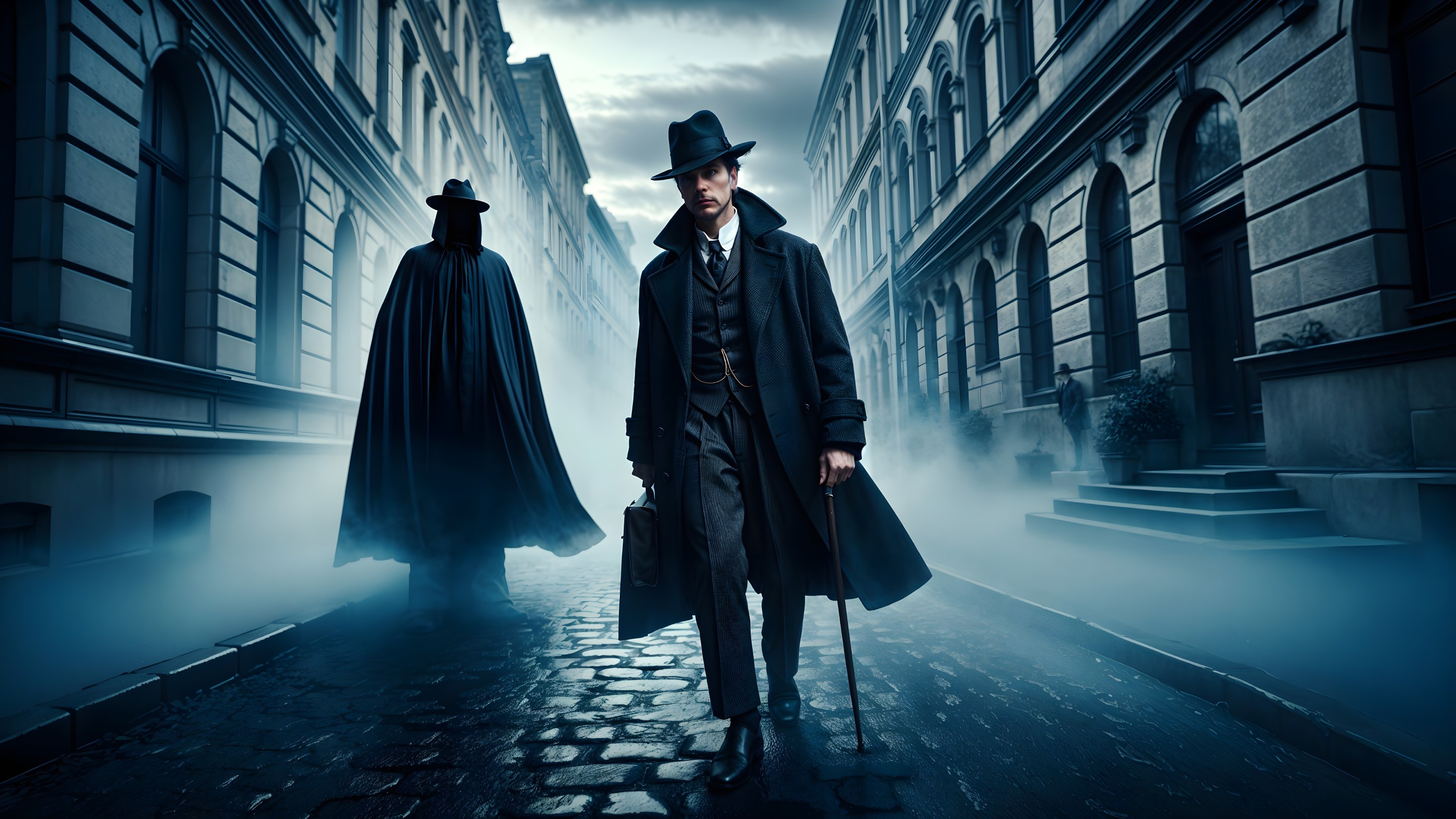 Mysterious Alley Scene with Dapper Man and Shadowy Figure