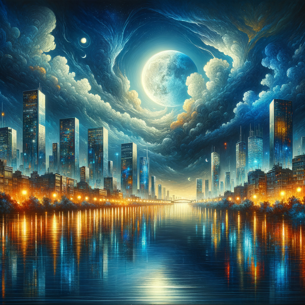 Futuristic Night Cityscape with River and Full Moon