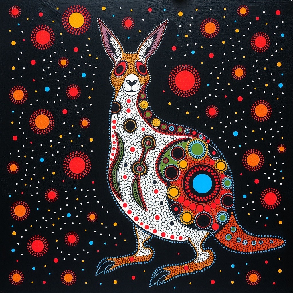 Vibrant Kangaroo Artwork with Intricate Dot Patterns