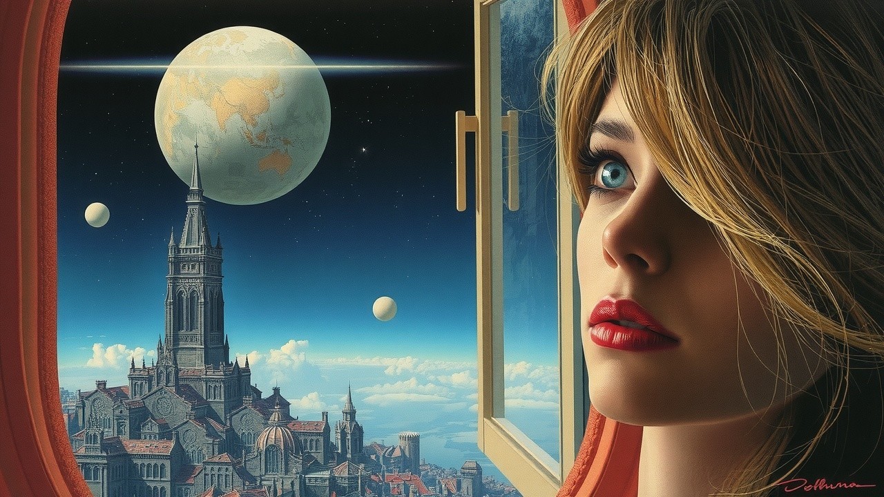 Young Woman Contemplating Cityscape with Cosmic Backdrop