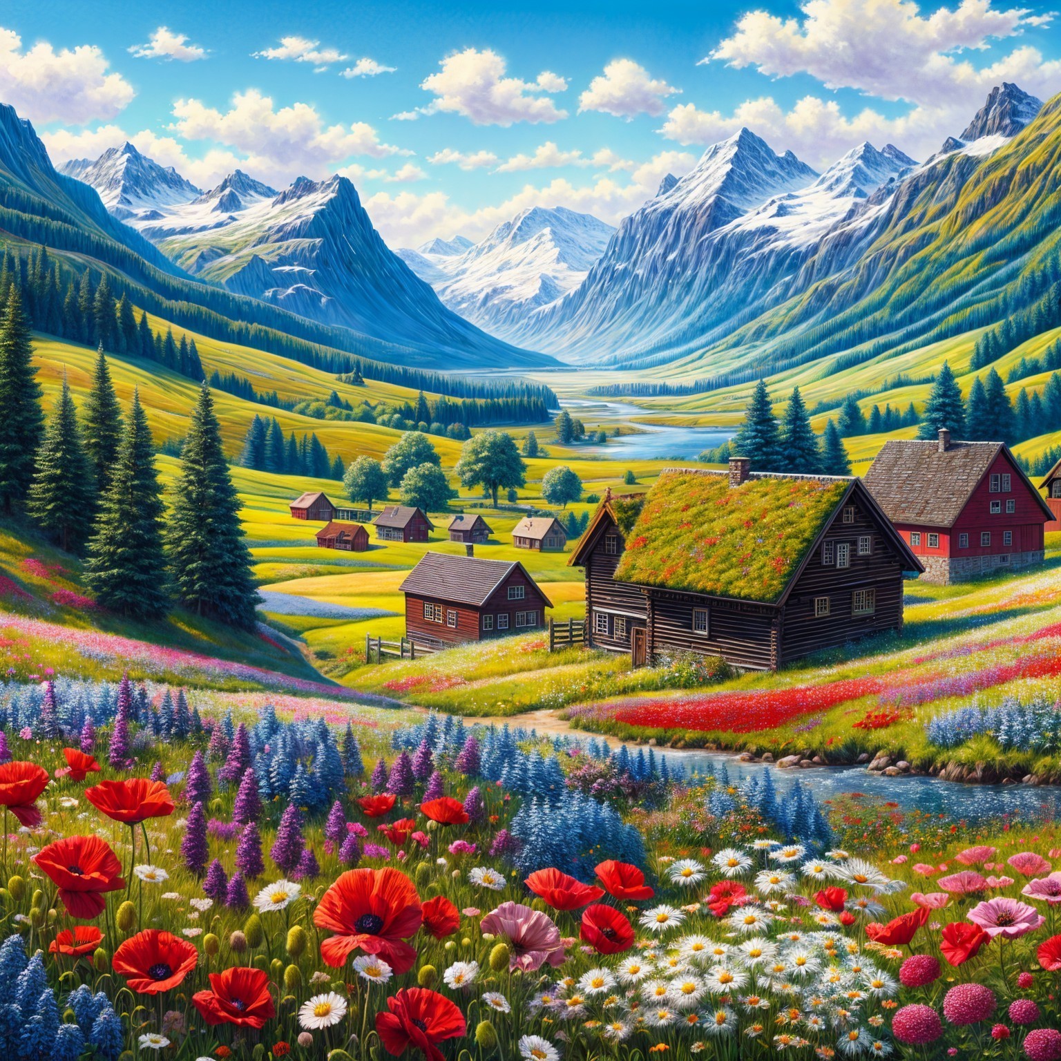 Picturesque Valley with Wildflowers and Cottages