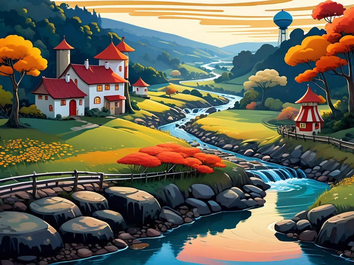 Vibrant Autumn Valley with River and Charming Houses